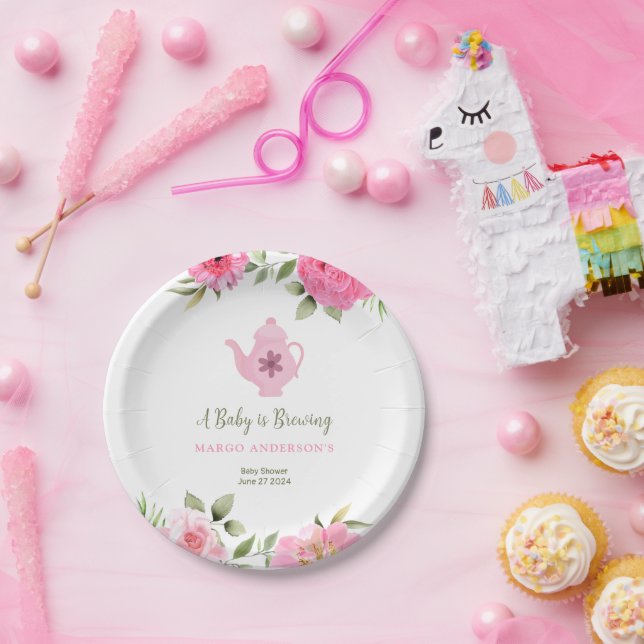 A Baby is Brewing Flower Rose Tea Baby Shower Paper Plate (Party)