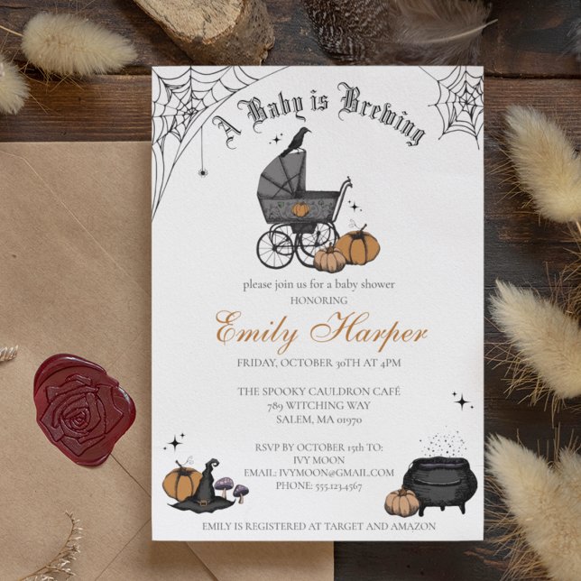A Baby is Brewing Gender Neutral Baby Shower Invitation (Gothic Halloween Baby Shower Invitation. Hand Drawn Vintage Baby Carriage, Raven, Witch Hat, Pumpkin)