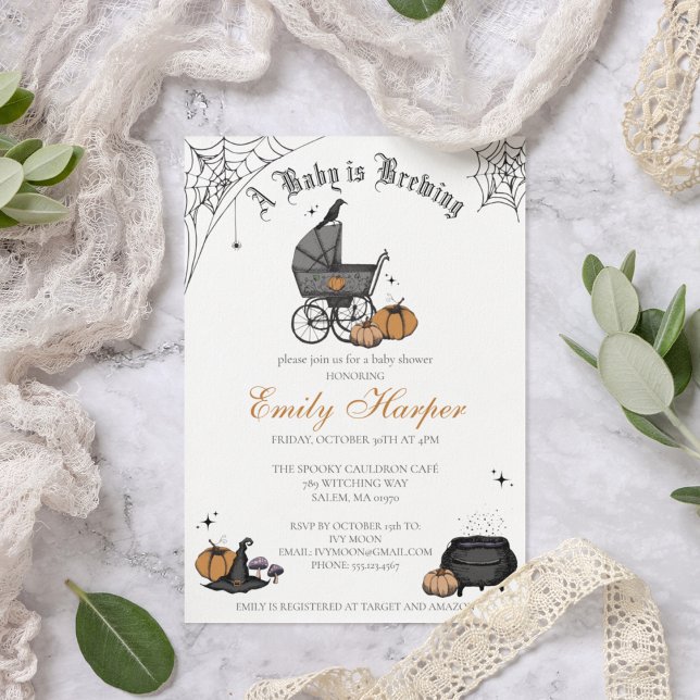 A Baby is Brewing Gender Neutral Baby Shower Invitation (Elegant and Spooky Hand-Drawn Victorian Baby Carriage Custom Baby Shower Invite in a Crispy White)