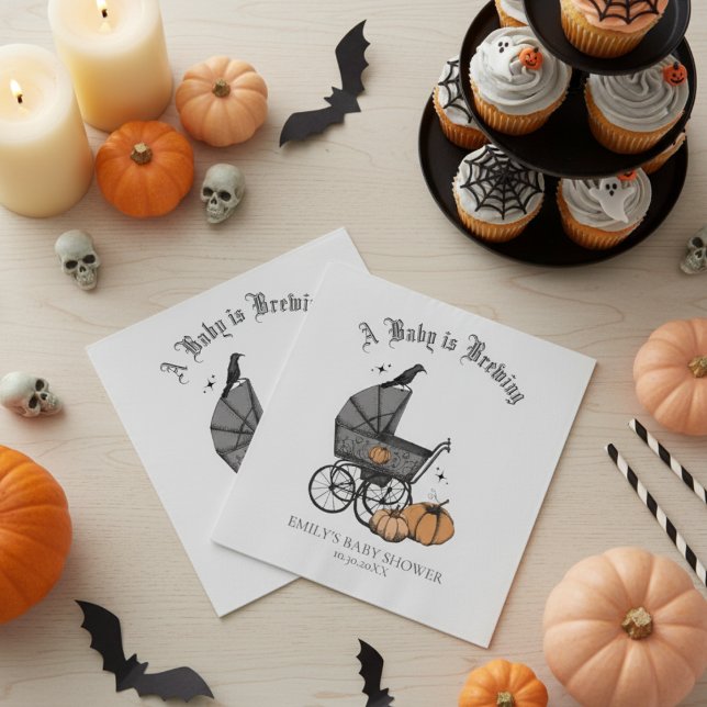A Baby is Brewing Gender Neutral Baby Shower Napkin (Spooky Vintage Baby Carriage Halloween Baby Shower Napkins in White. Gothic Black Raven and Pumpkins)