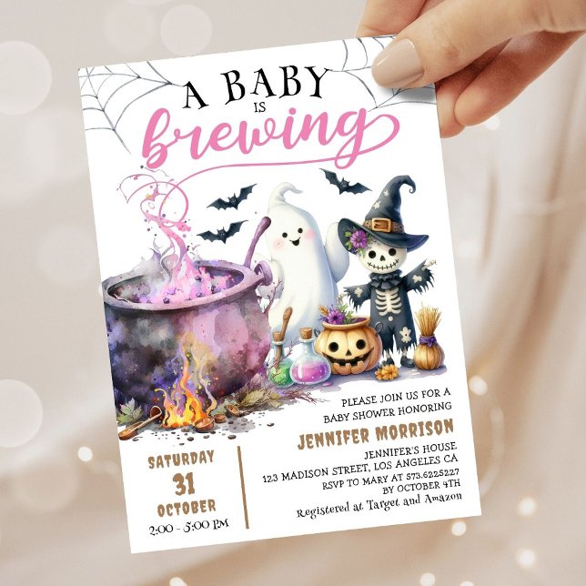A Baby is Brewing! Girl Pink Halloween Baby Shower Invitation (Creator Uploaded)