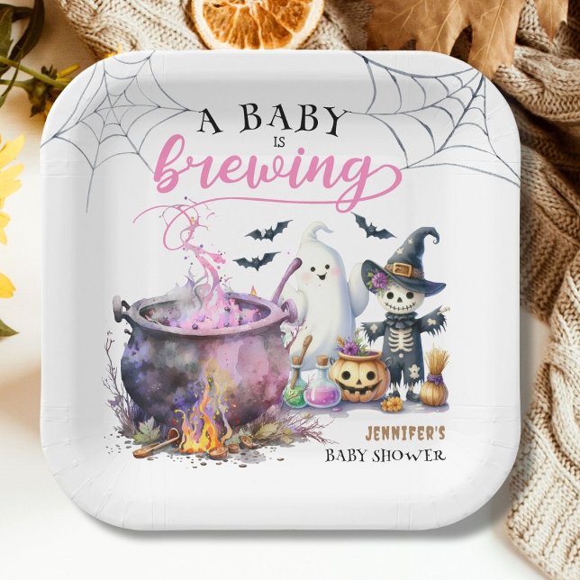 A Baby is Brewing Girl Pink Halloween Baby Shower Paper Plate (Creator Uploaded)