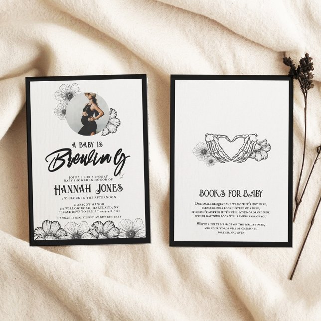 A baby is brewing Goth Baby Shower Skull & Flowers Invitation (Creator Uploaded)