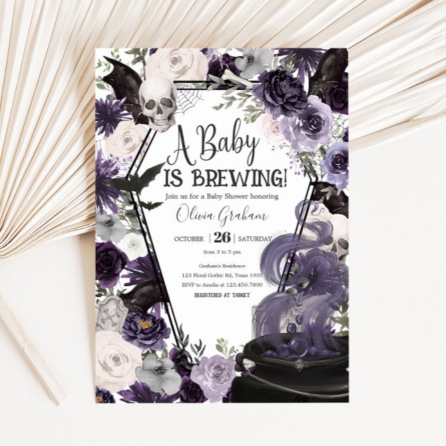 A Baby is Brewing Gothic Halloween Baby Shower Invitation (Floral Gothic Coffin A Baby is Brewing Baby Shower Invitation
)