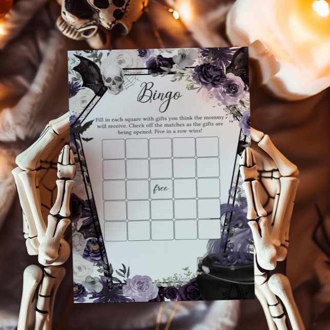 A Baby is Brewing Gothic Halloween Bingo Game (Floral Gothic Coffin A Baby is Brewing Baby Shower Bingo Game)