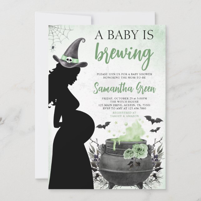 A Baby is Brewing Green Halloween Baby Shower Invitation (Front)