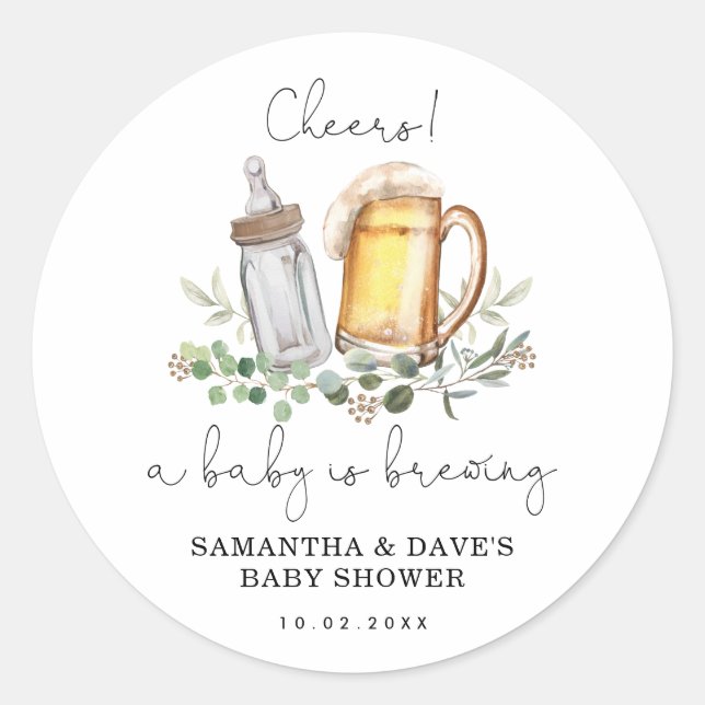 A baby is brewing | Greenery Beer Baby Shower Clas Classic Round Sticker (Front)