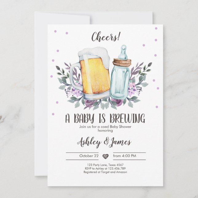 A Baby is Brewing Greenery Cheers Coed Baby Shower Invitation (Front)