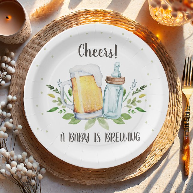 A Baby is Brewing Greenery Cheers Coed Baby Shower Paper Plate (Creator Uploaded)