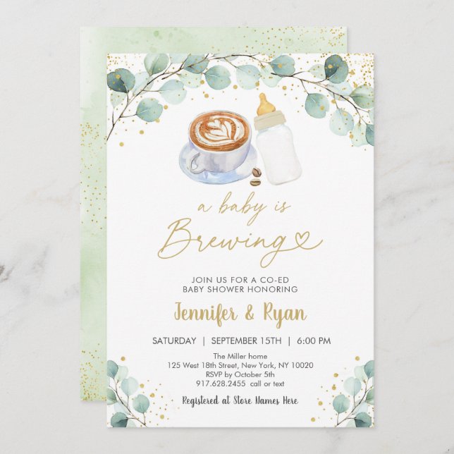 A Baby Is Brewing Greenery Coffee Baby Shower Invitation (Front/Back)