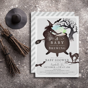 A Baby is Brewing Grey Halloween Baby Shower Invitation
