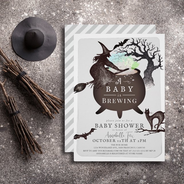 A Baby is Brewing Grey Halloween Baby Shower Invitation (Creator Uploaded)