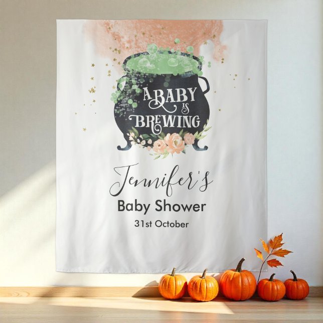 a baby is brewing Halloween Baby Shower Backdrop Tapestry (Creator Uploaded)