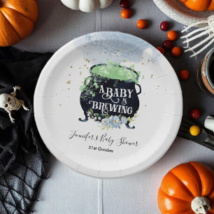 a baby is brewing Halloween Baby Shower Blue Paper Plate