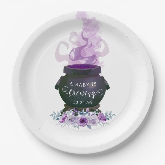 A Baby is Brewing Halloween Baby Shower Paper Plate (Front)