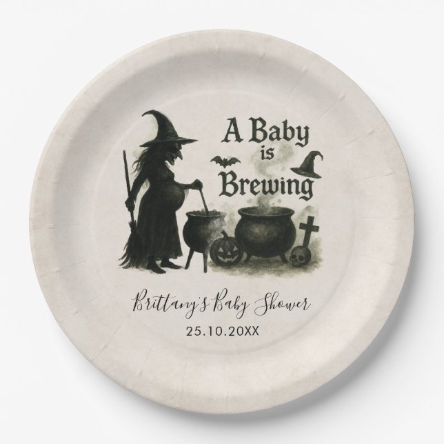 A Baby Is Brewing Halloween Baby Shower Paper Plate (Front)