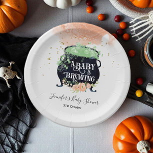 a baby is brewing Halloween Baby Shower Peach Paper Plate