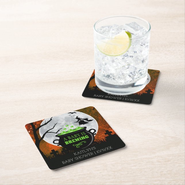 A Baby Is Brewing Halloween Baby Shower Square Paper Coaster (Insitu)