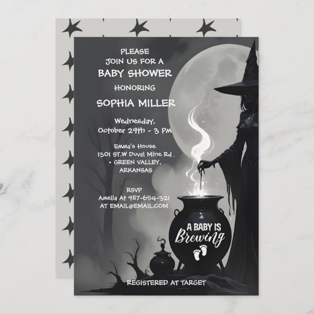 A Baby Is Brewing Halloween Witch Baby Shower Invitation (Front/Back)