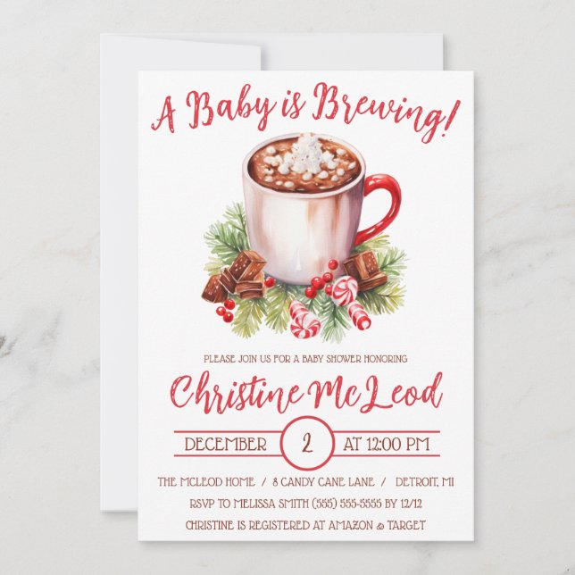 A Baby is Brewing, Holiday Hot Cocoa Baby Shower Invitation (Front)