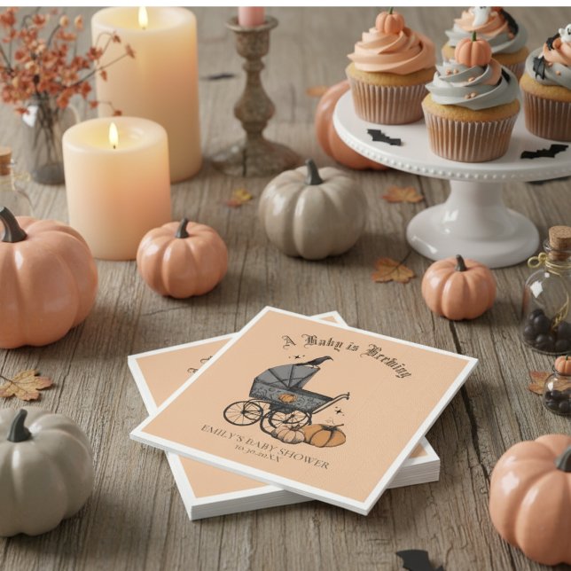A Baby is Brewing Orange Baby Shower Napkin (A Baby is Brewing Napkins in Gender Neutral Pastel Orange for Halloween Baby Shower. Vintage Style)