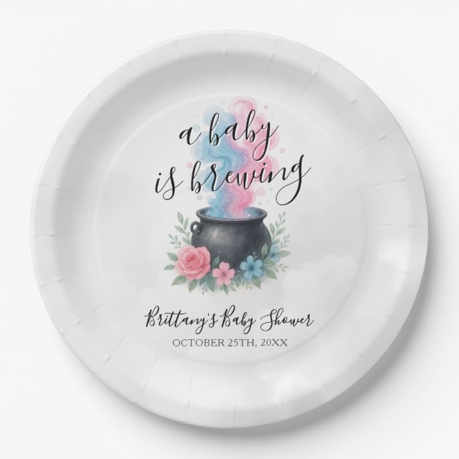 A Baby Is Brewing Pink and Blue Cauldron Paper Plate (Front)