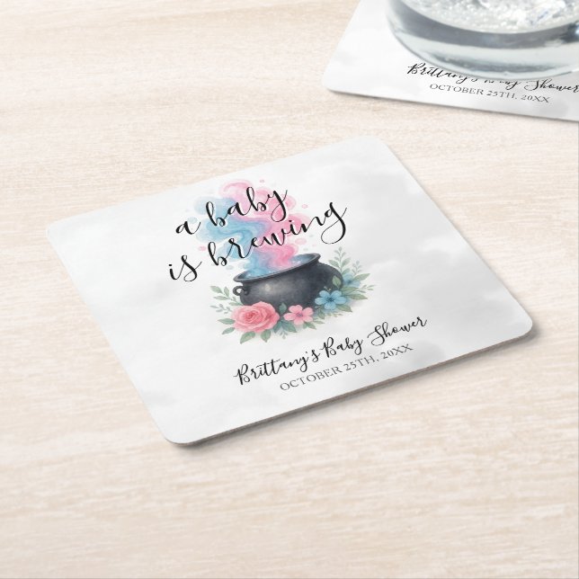 A Baby Is Brewing Pink and Blue Cauldron Square Paper Coaster (Angled)