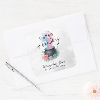 A Baby Is Brewing Pink and Blue Cauldron Square Sticker