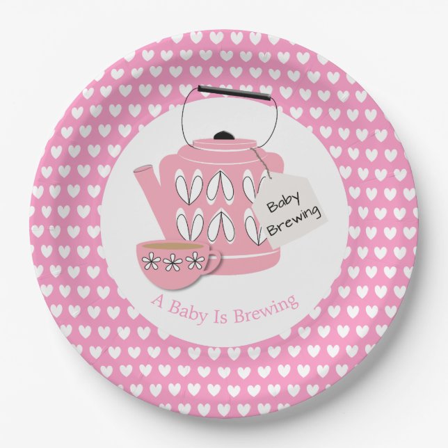 A Baby Is Brewing Pink Baby Shower Paper Plate (Front)