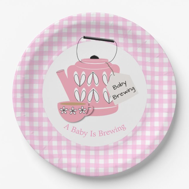 A Baby Is Brewing Pink Baby Shower Paper Plate (Front)