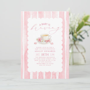 A Baby is Brewing Pink Flower Girl Baby Shower Tea Invitation