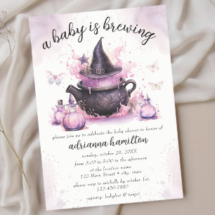 A Baby Is Brewing Pink Halloween Baby Shower Invitation