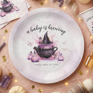 A Baby Is Brewing Pink Halloween Baby Shower Paper Plate
