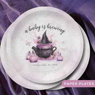 A Baby Is Brewing Pink Halloween Baby Shower  Paper Plate