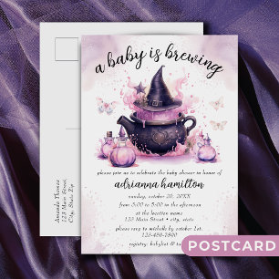 A Baby Is Brewing Pink Halloween Baby Shower Postcard