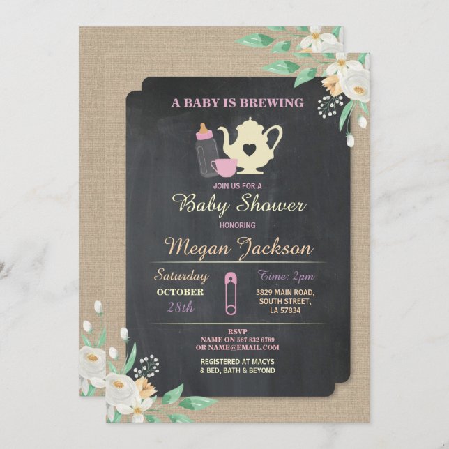 A BABY IS BREWING Pink Shower Tea Teapot Invite (Front/Back)