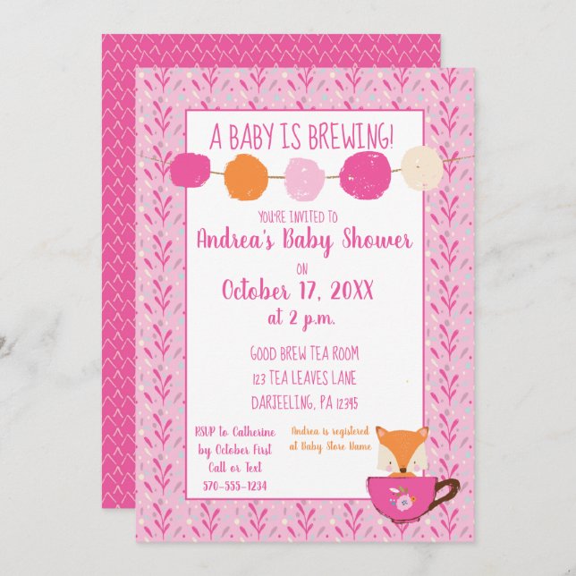 A Baby is Brewing Pink Teacup Baby Girl Shower Invitation (Front/Back)