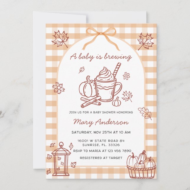 A Baby is Brewing Pumpkin Spice Bow Baby Shower Invitation (Front)
