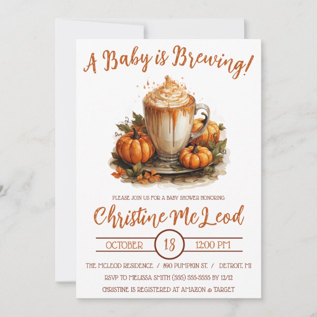 A Baby is Brewing, Pumpkin Spice Latte Baby Shower Invitation (Front)