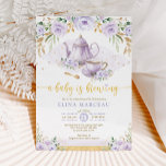 A Baby is Brewing Purple Flower Baby Shower Tea Invitation<br><div class="desc">Tea party themed baby shower invite. Click the "customise further" button if you wish to re-arrange and format the style and placement of the text. Comes with a matching floral pattern backside.</div>