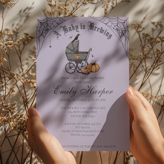 A Baby is Brewing Purple Gothic Baby Shower Invitation (Gothic Halloween Baby Shower Invitation in Purple. Vintage Baby Carriage, Pumpkins, Webs, Raven)