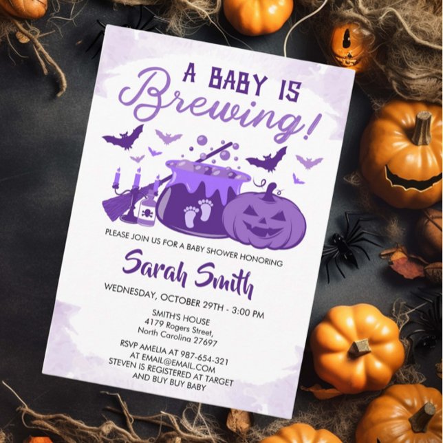 A Baby Is Brewing Purple Halloween Baby Shower Invitation (Creator Uploaded)