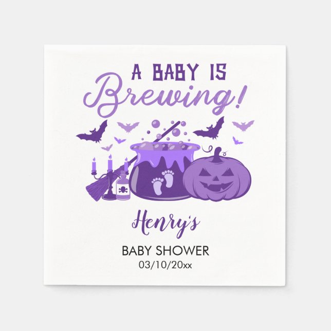 A Baby Is Brewing Purple Halloween Baby Shower Napkin (Front)
