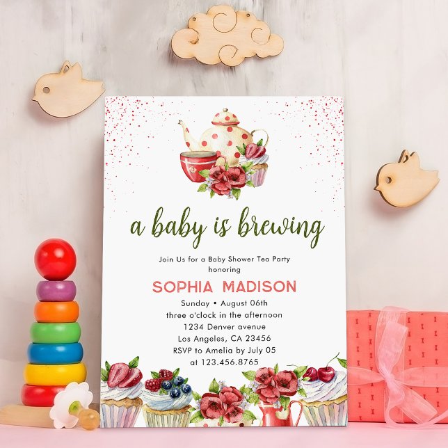 A Baby is Brewing Red Flowers Tea Baby Shower Invitation (Creator Uploaded)