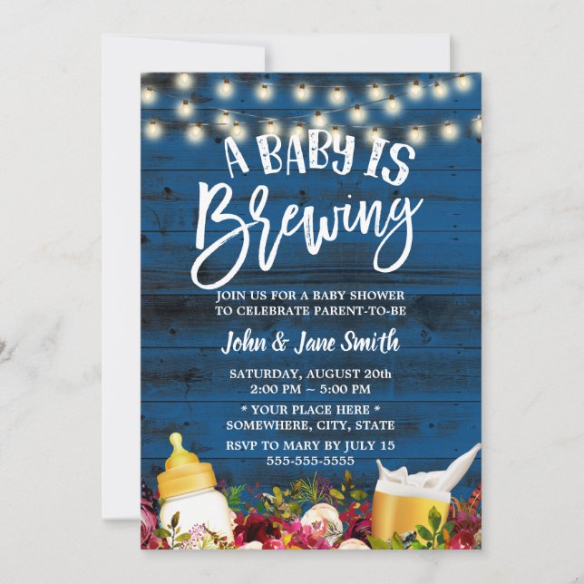 A Baby is Brewing Rustic Navy Beer Baby Shower Invitation (Front)