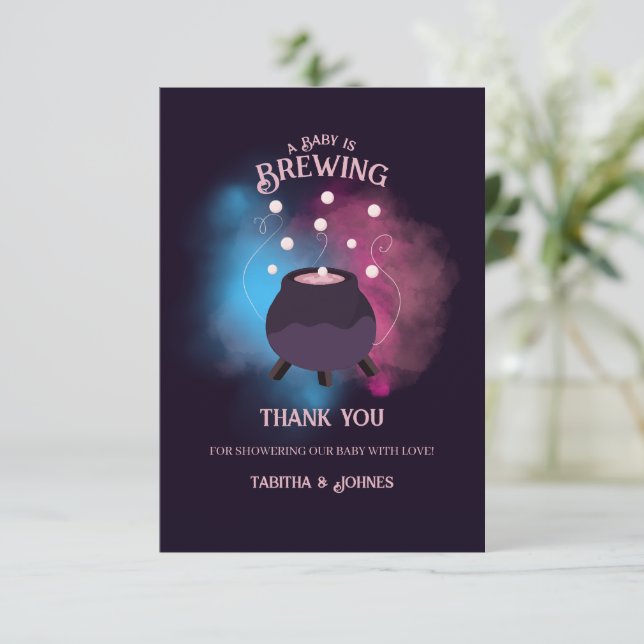 A Baby Is Brewing Spooky Gender Reveal Cauldron Thank You Card (Standing Front)
