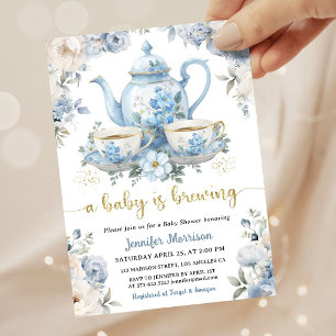 A Baby Is Brewing Tea Baby Shower Boy Blue Floral Invitation