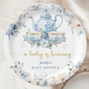 A Baby Is Brewing Tea Baby Shower Boy Blue Paper  Plate