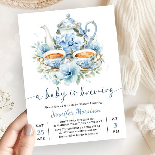 A Baby is Brewing Tea Baby Shower Boy Dusty Blue Invitation