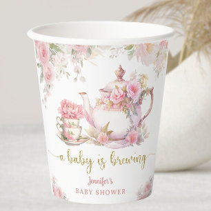 A Baby Is Brewing Tea Baby Shower Pink Floral Paper Cups